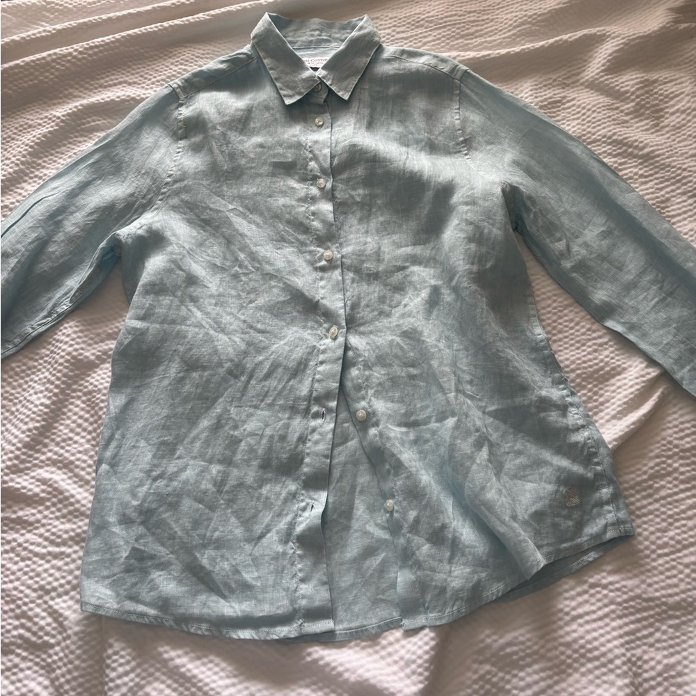 Haris Cotton Baby Blue Linen Gauze Beachy Coastal Boyfriend Style Shirt - Picture 5 of 10